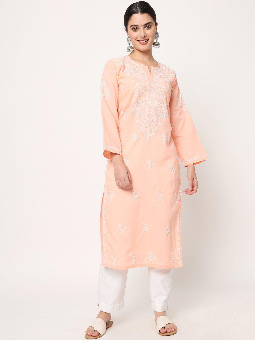 paramount chikan women peach & white embroidered cotton chikankari kurta