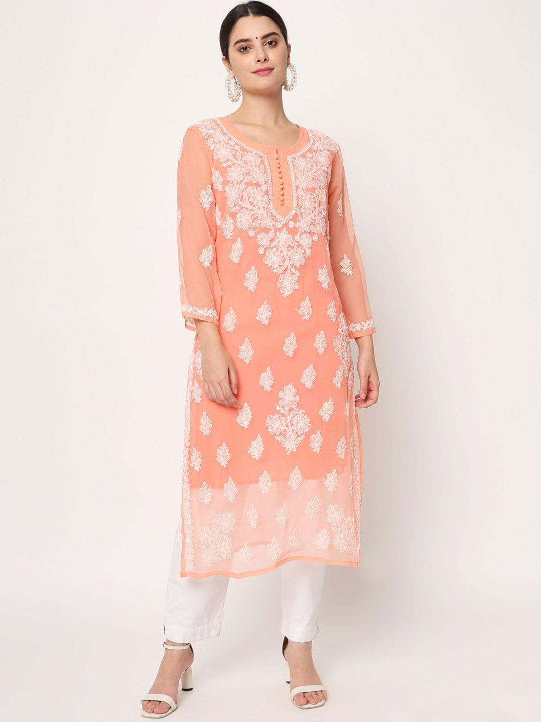 paramount chikan women peach-coloured embroidered chikankari georgette kurta with slip