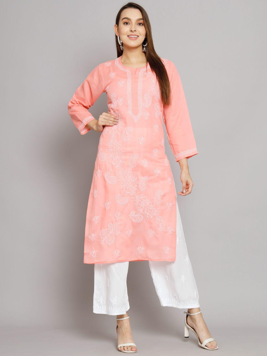 paramount chikan women peach-coloured embroidered flared sleeves chikankari cotton kurta