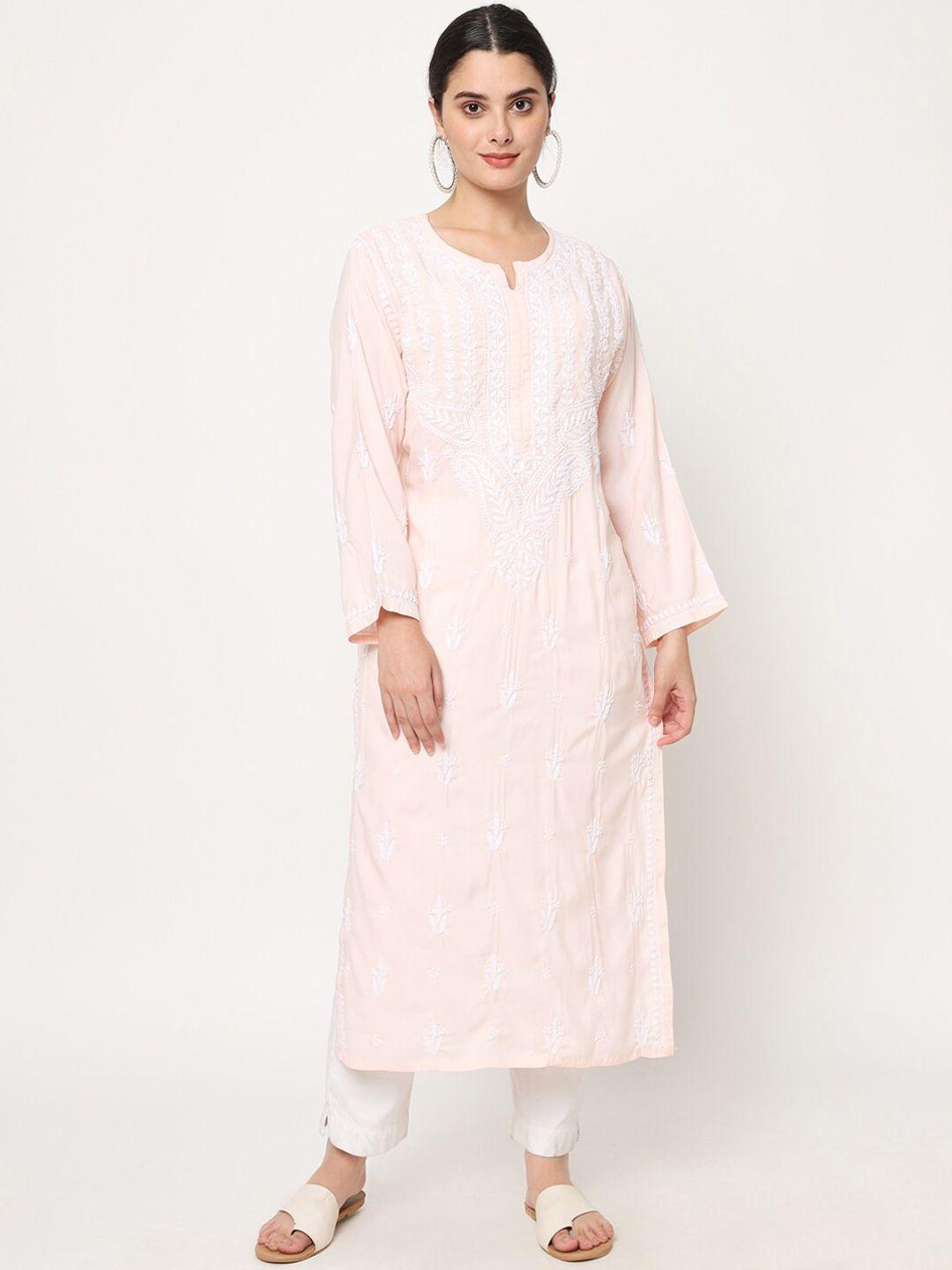 paramount chikan women peach-coloured embroidered flared sleeves chikankari floral kurta