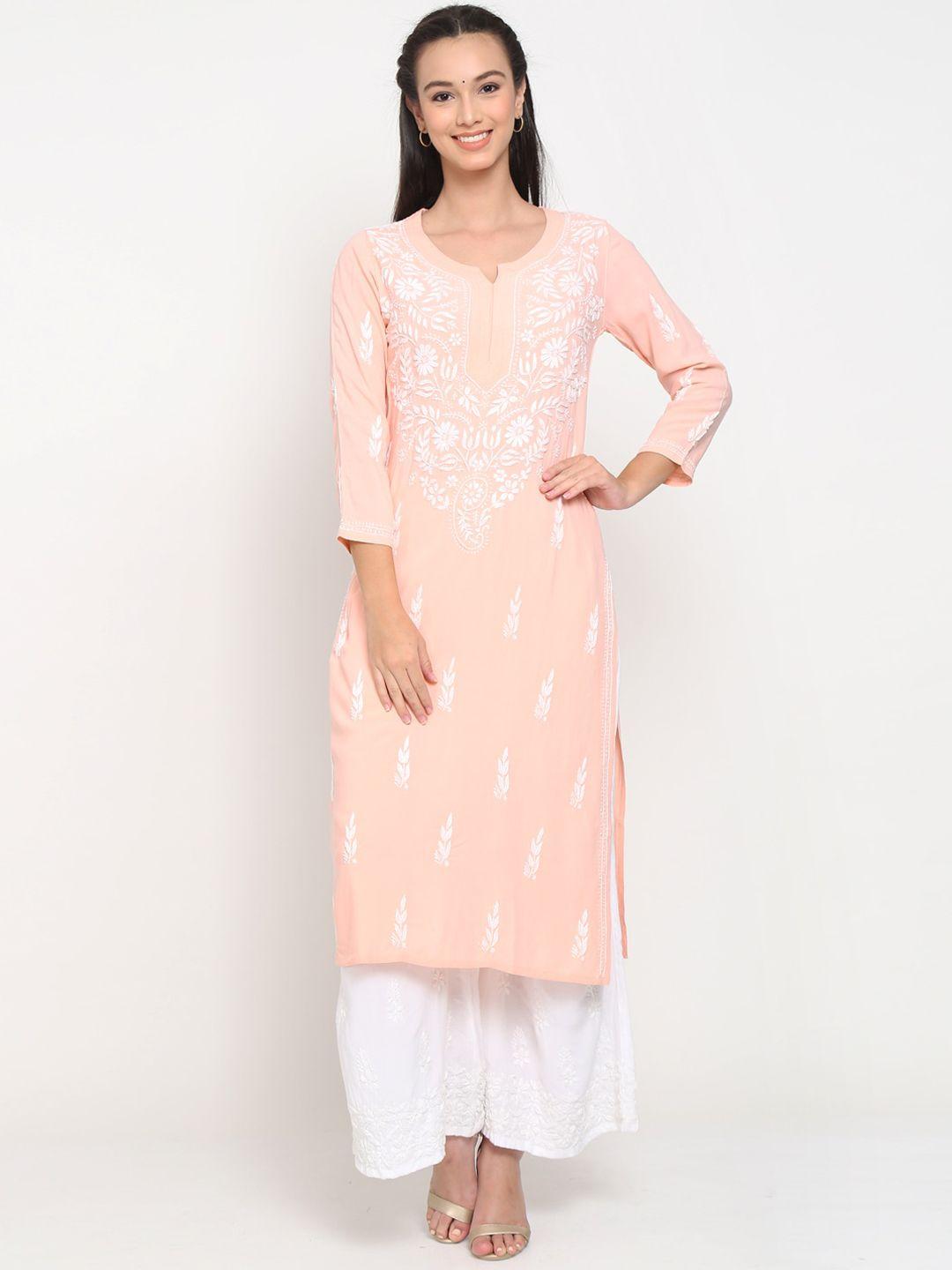 paramount chikan women peach-coloured ethnic motifs embroidered   chikankari kurta