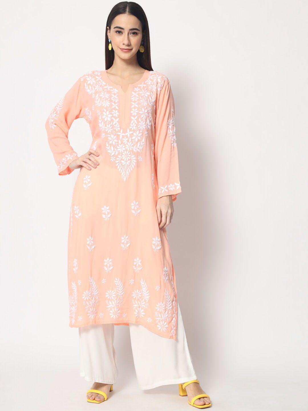 paramount chikan women peach-coloured ethnic motifs embroidered chikankari floral kurta