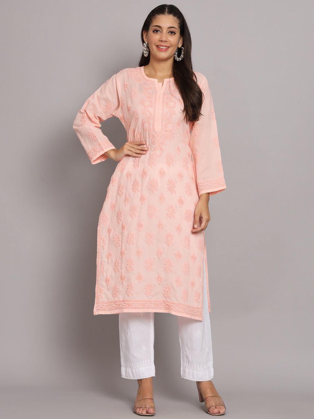 paramount chikan women peach-coloured ethnic motifs embroidered chikankari floral kurta