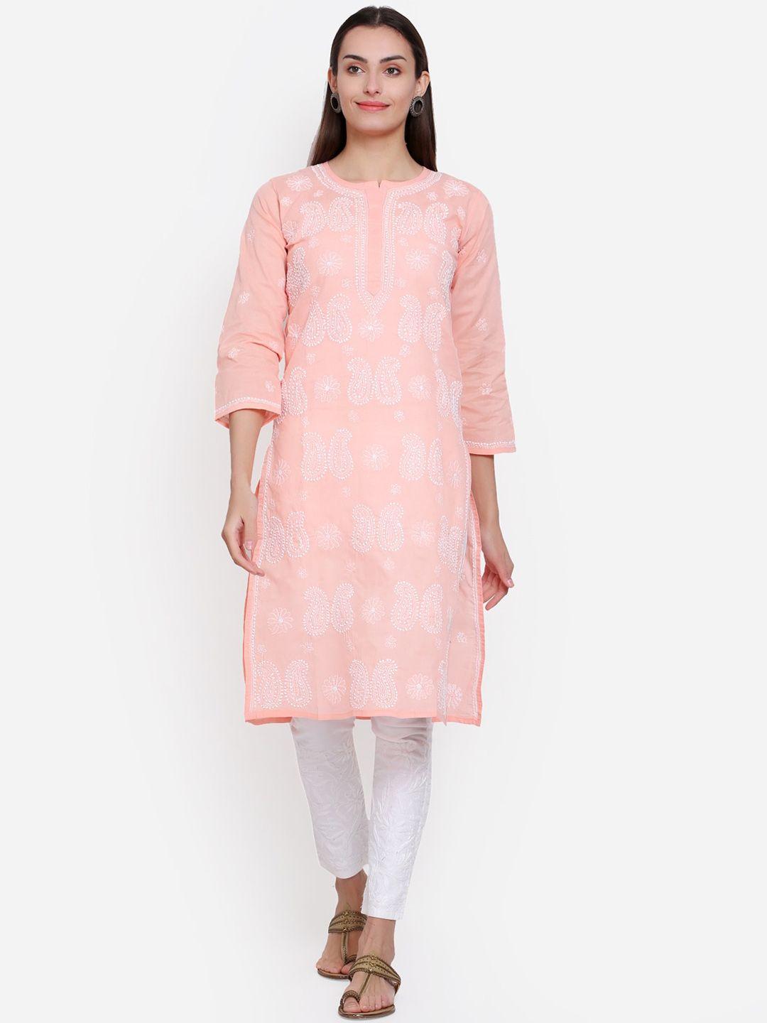 paramount chikan women peach-coloured hand embroidered chikankari cotton kurta