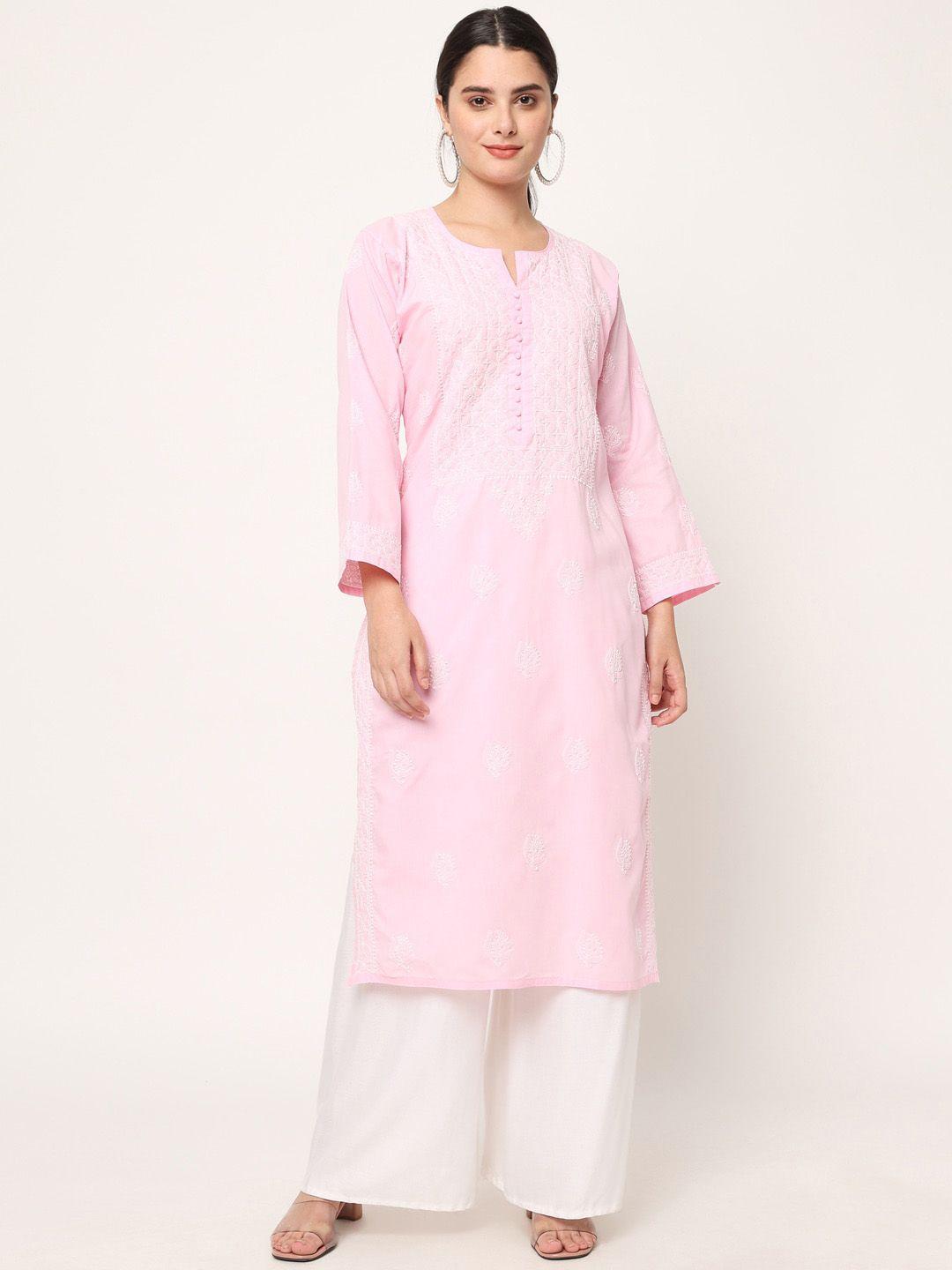 paramount chikan women pink & white embroidered chikankari cotton straight kurta