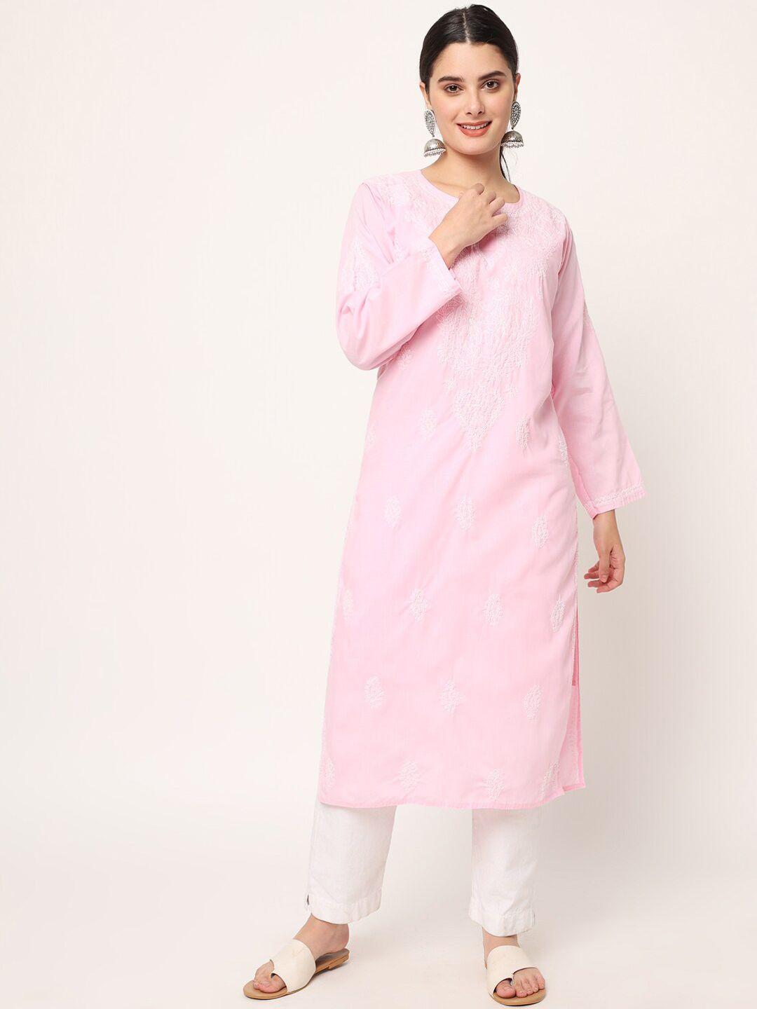 paramount chikan women pink & white embroidered cotton chikankari straight kurta