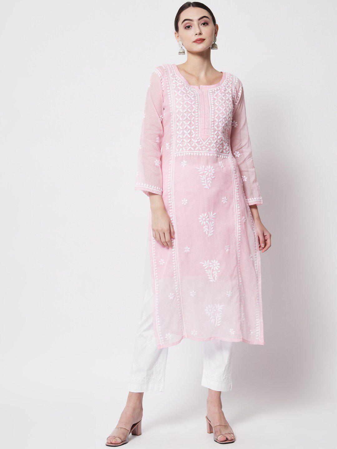 paramount chikan women pink chikankari hand embroidered ethnic motif kurta with trousers