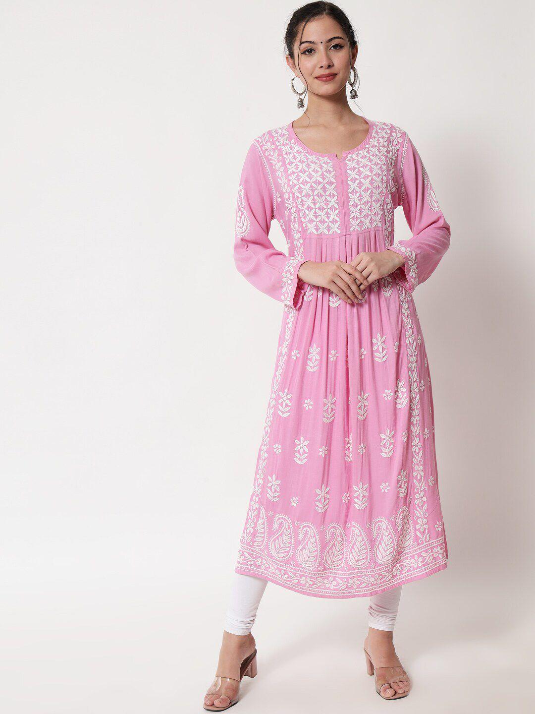 paramount chikan women pink chikankari hand embroidered floral anarkali kurta