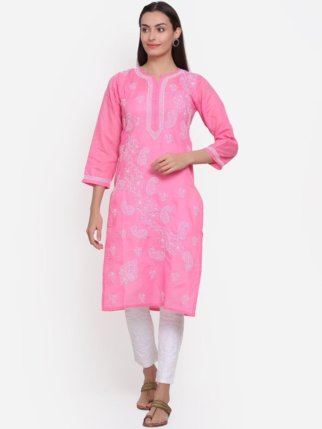 paramount chikan women pink ethnic motif hand embroidered chikankari cotton kurta