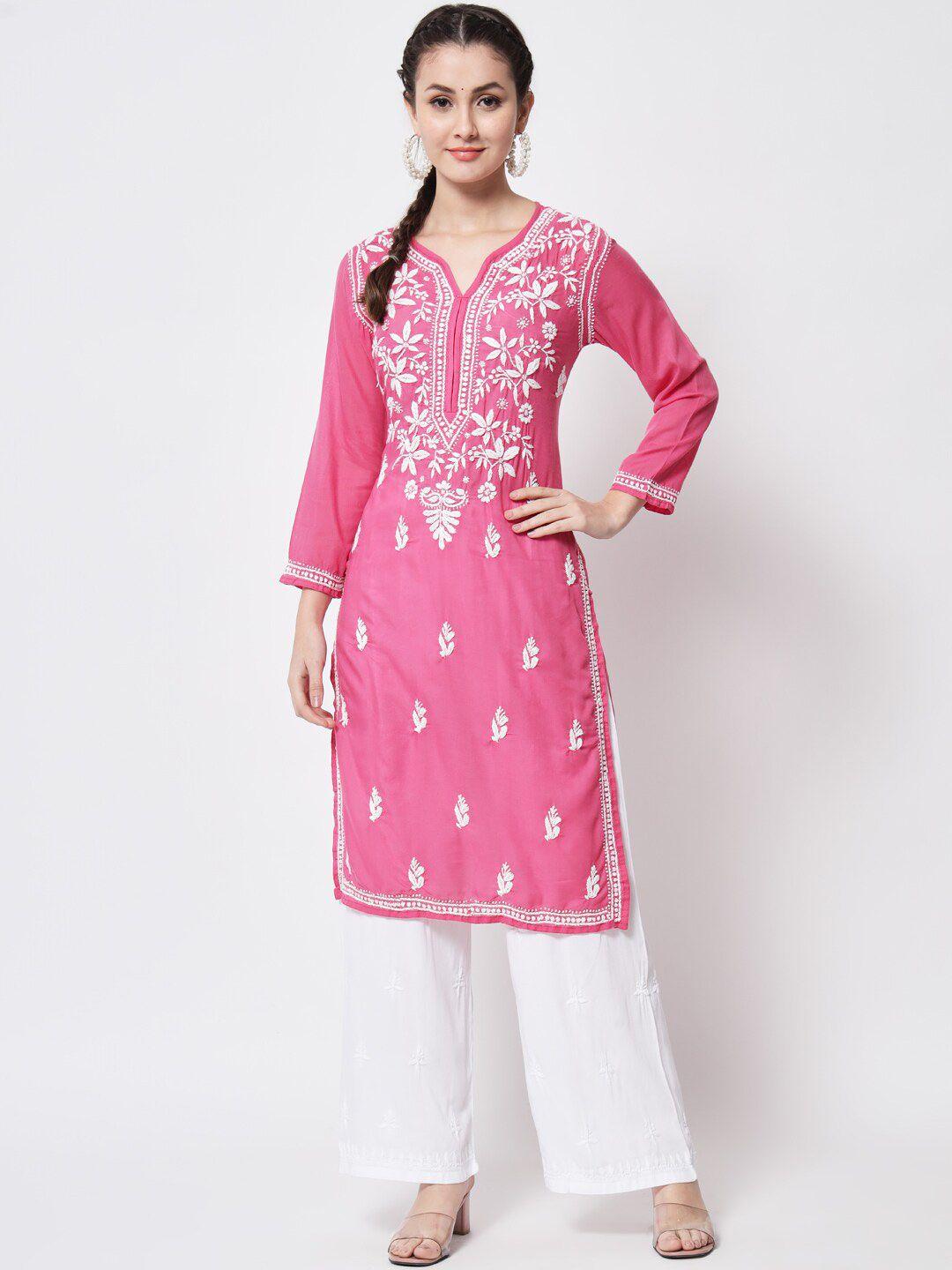 paramount chikan women pink ethnic motifs embroidered chikankari floral kurta