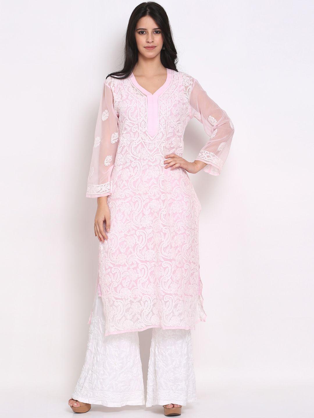 paramount chikan women pink ethnic motifs embroidered chikankari georgette kurta