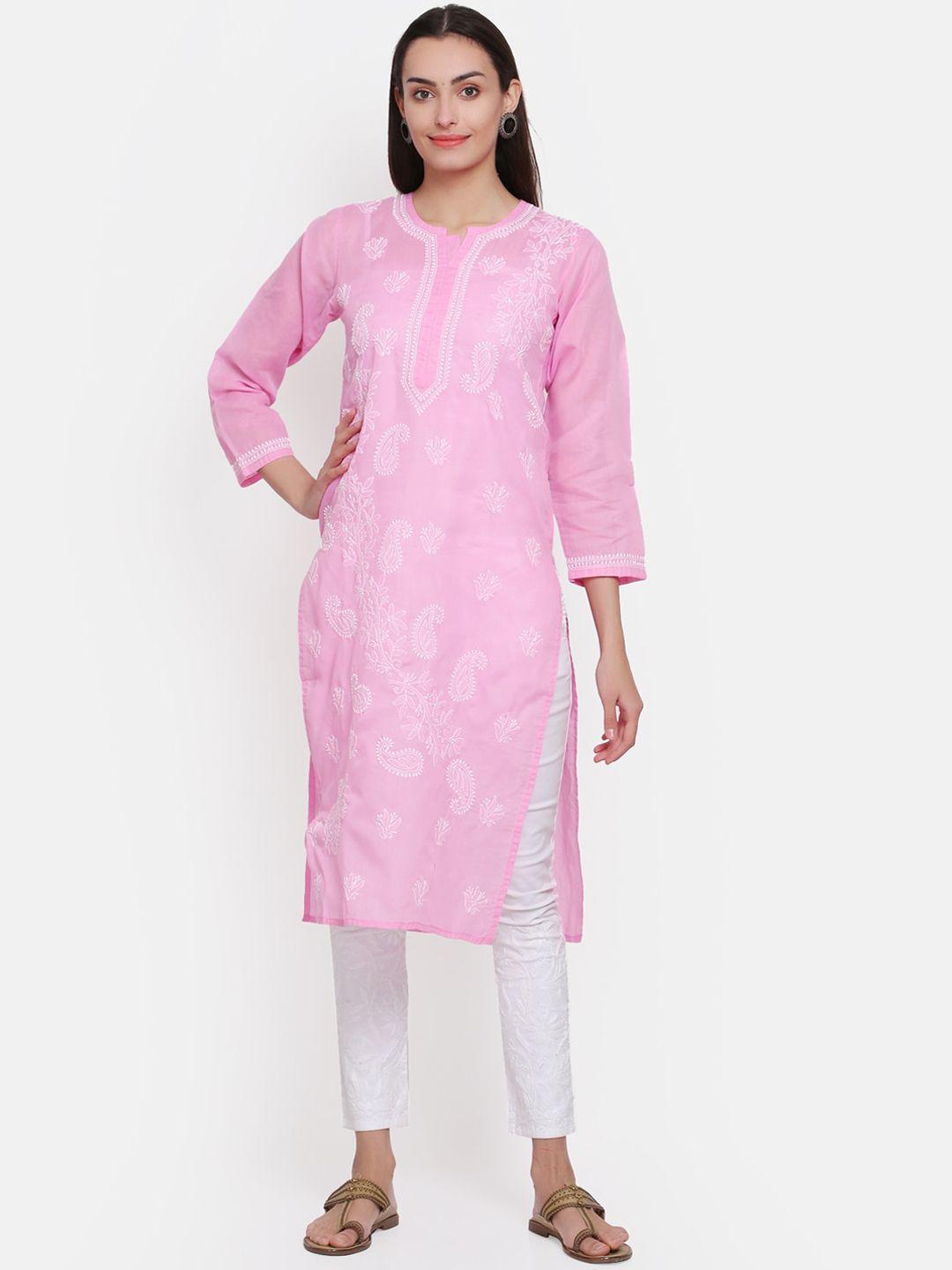 paramount chikan women pink ethnic motifs embroidered chikankari kurta