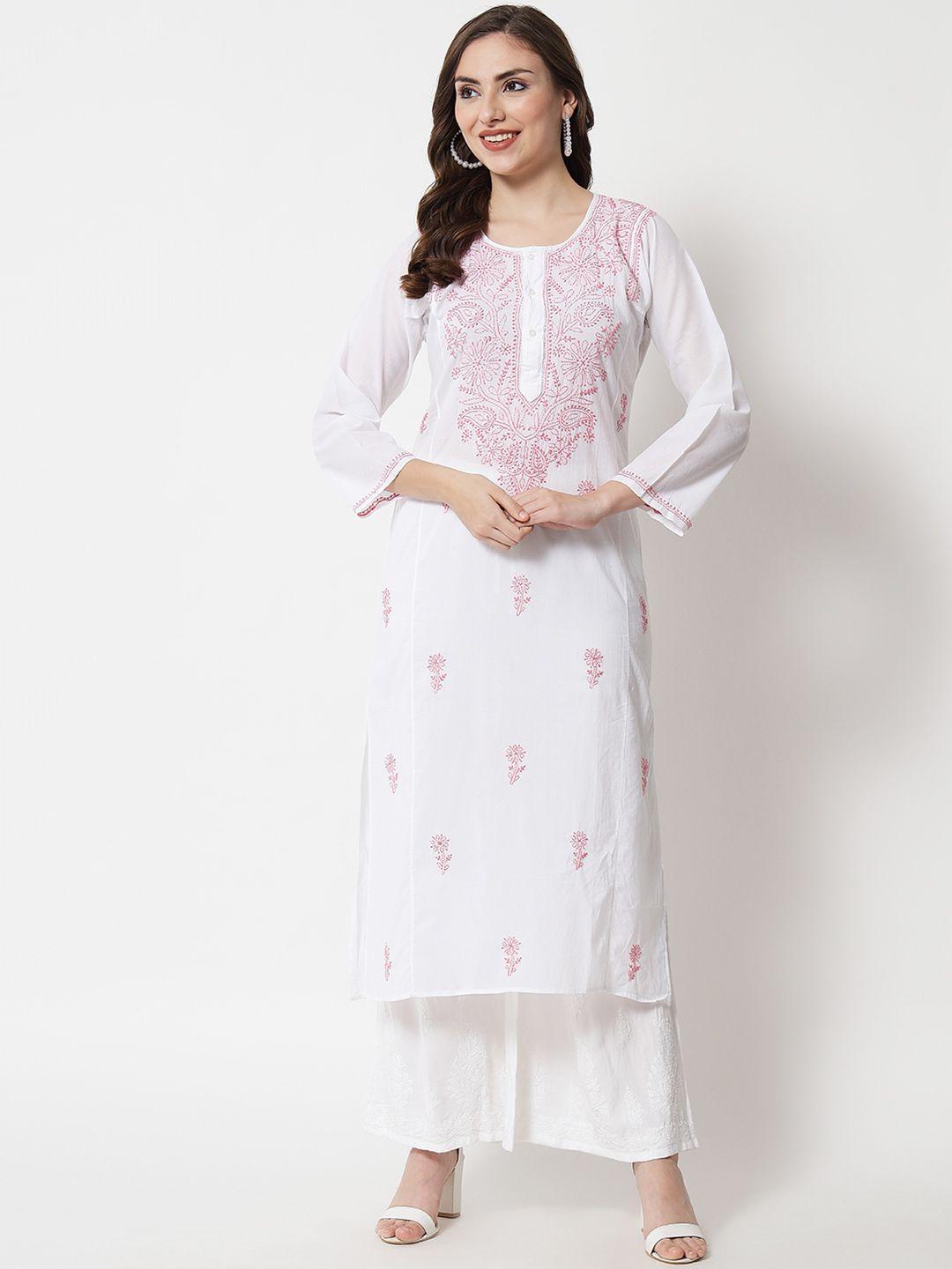 paramount chikan women pink floral cotton embroidered chikankari kurta