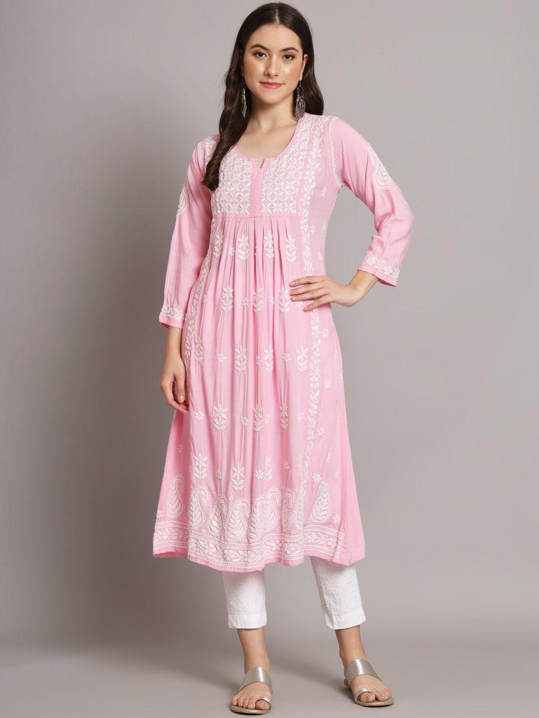 paramount chikan women pink geometric embroidered flared sleeves chikankari floral anarkali kurta