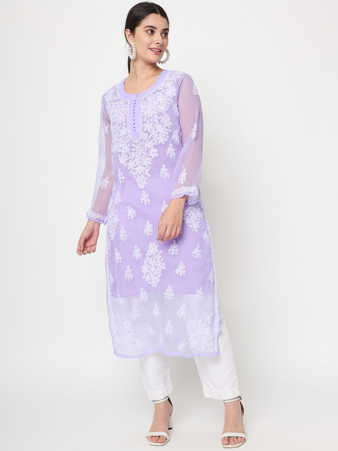 paramount chikan women purple ethnic motif embroidered chikankari kurta with matching slip