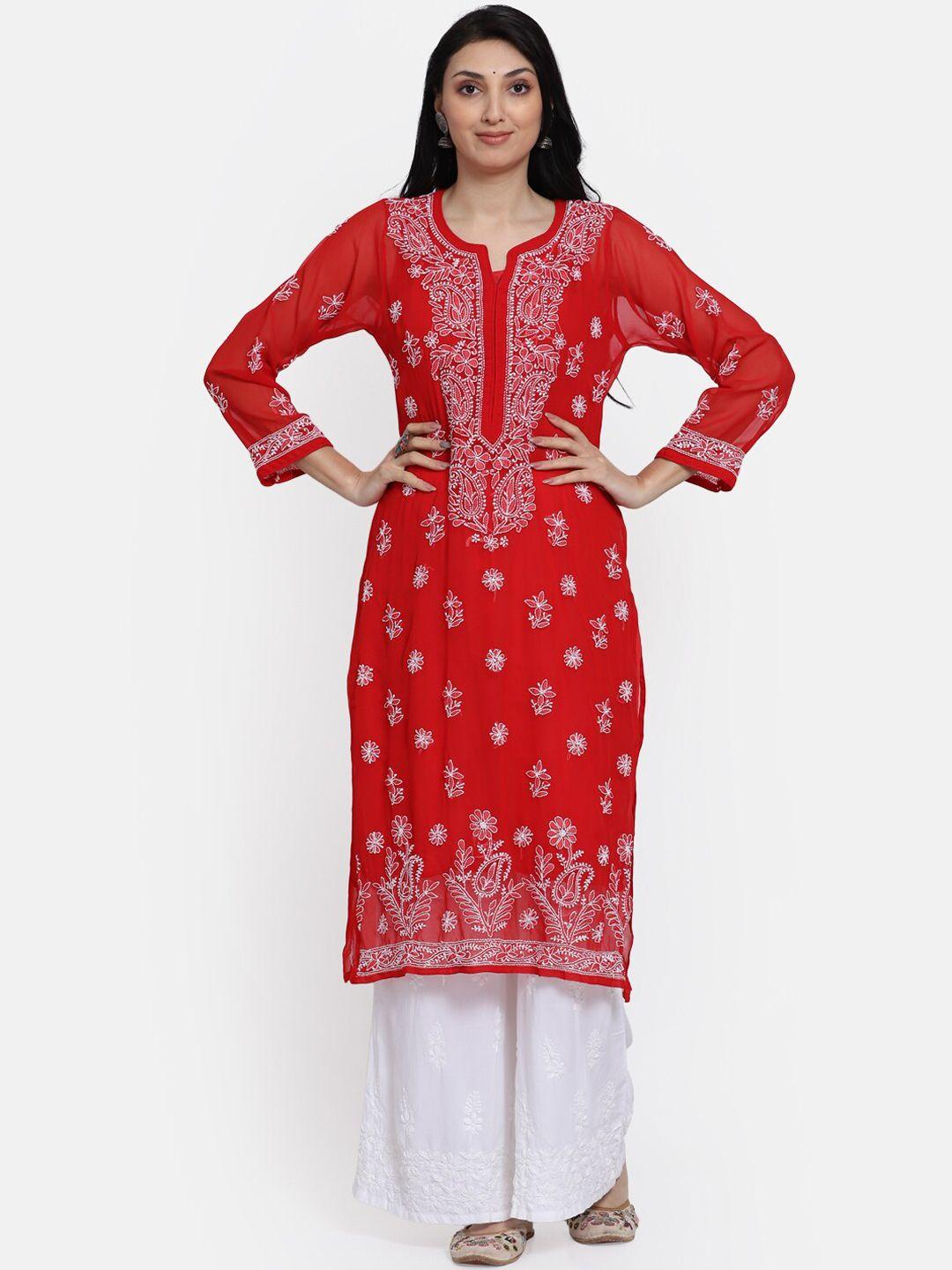 paramount chikan women red & white ethnic motifs embroidered chikankari kurta