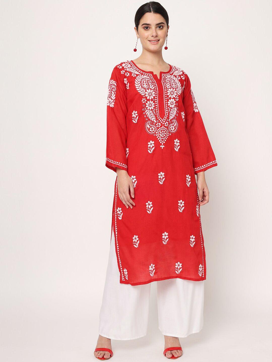 paramount chikan women red & white paisley embroidered cotton chikankari kurta