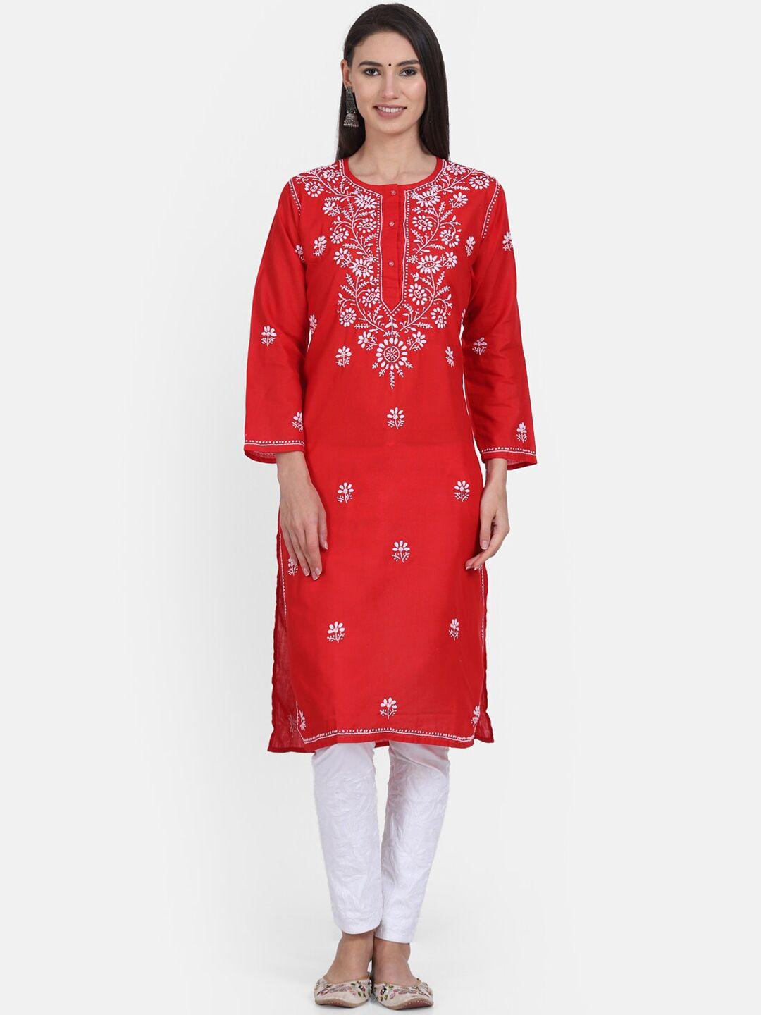 paramount chikan women red cotton embroidered chikankari straight kurta