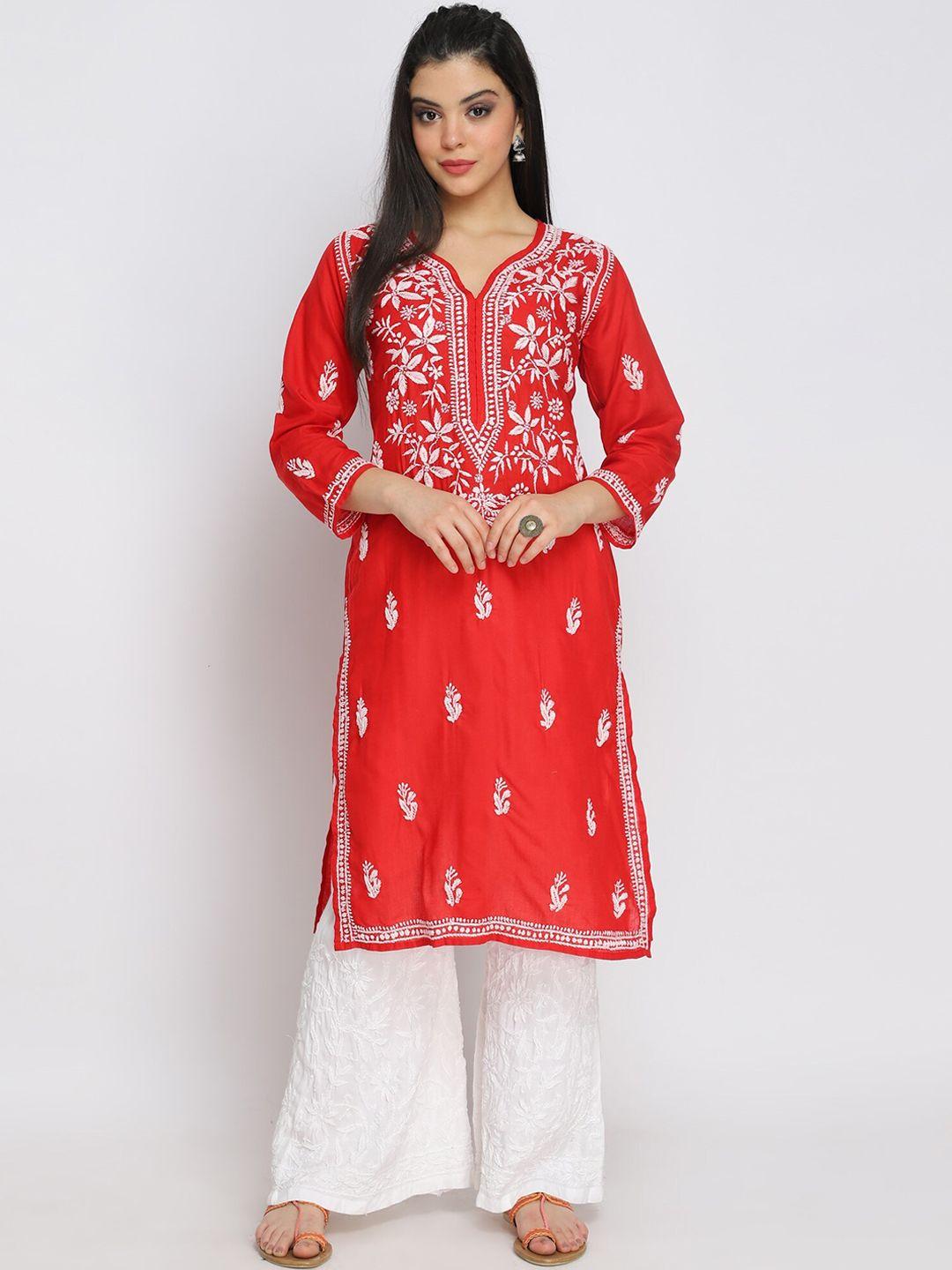 paramount chikan women red ethnic motifs embroidered chikankari cotton kurta