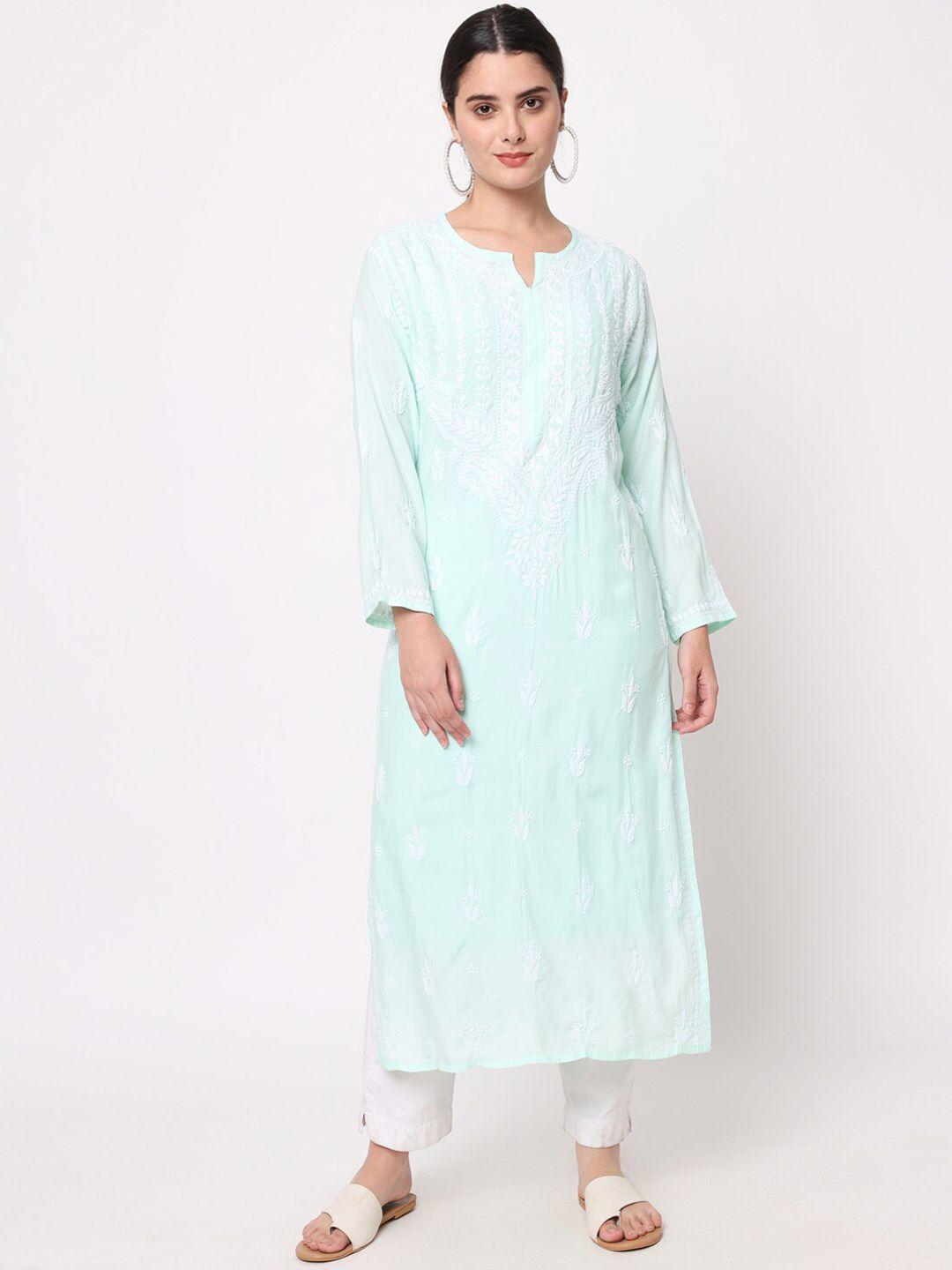 paramount chikan women sea green & white embroidered chikankari kurta