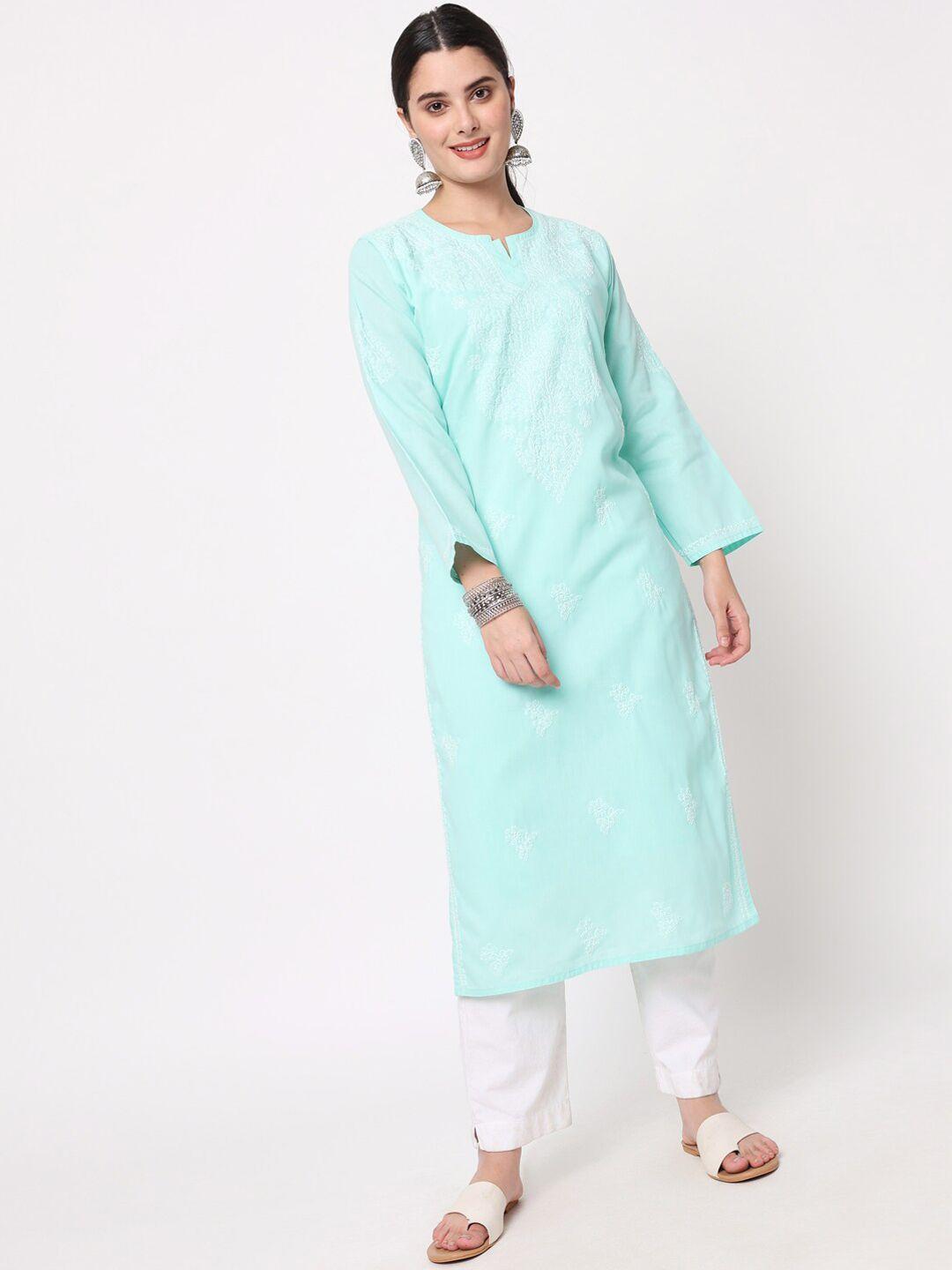 paramount chikan women sea green & white embroidered cotton chikankari kurta