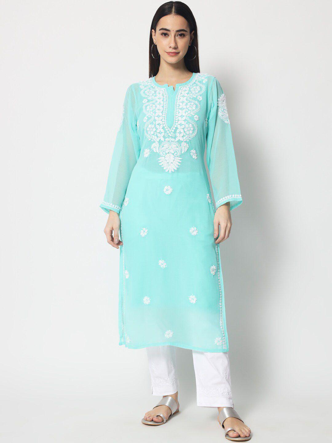 paramount chikan women sea green chikankari hand embroidered  ethnic motifs straight kurta