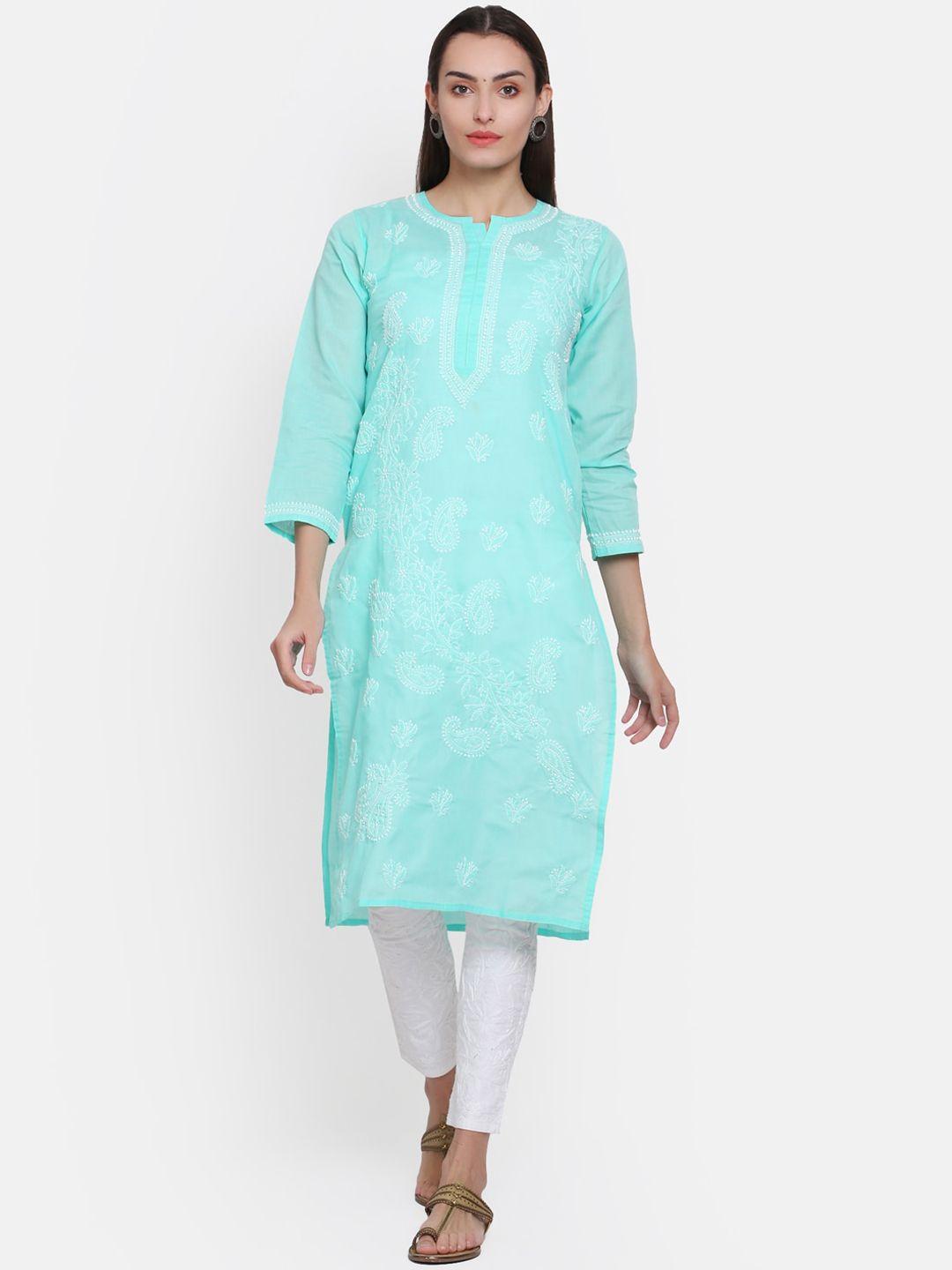 paramount chikan women sea green ethnic motifs embroidered chikankari kurta