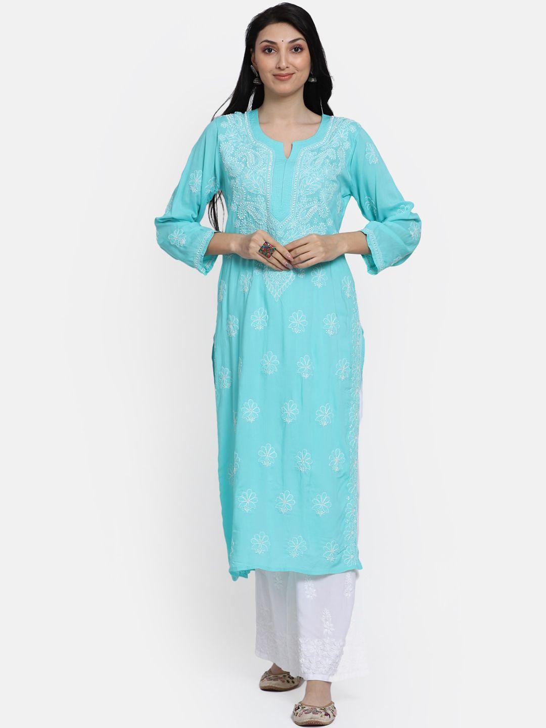 paramount chikan women sea green floral embroidered chikankari kurta