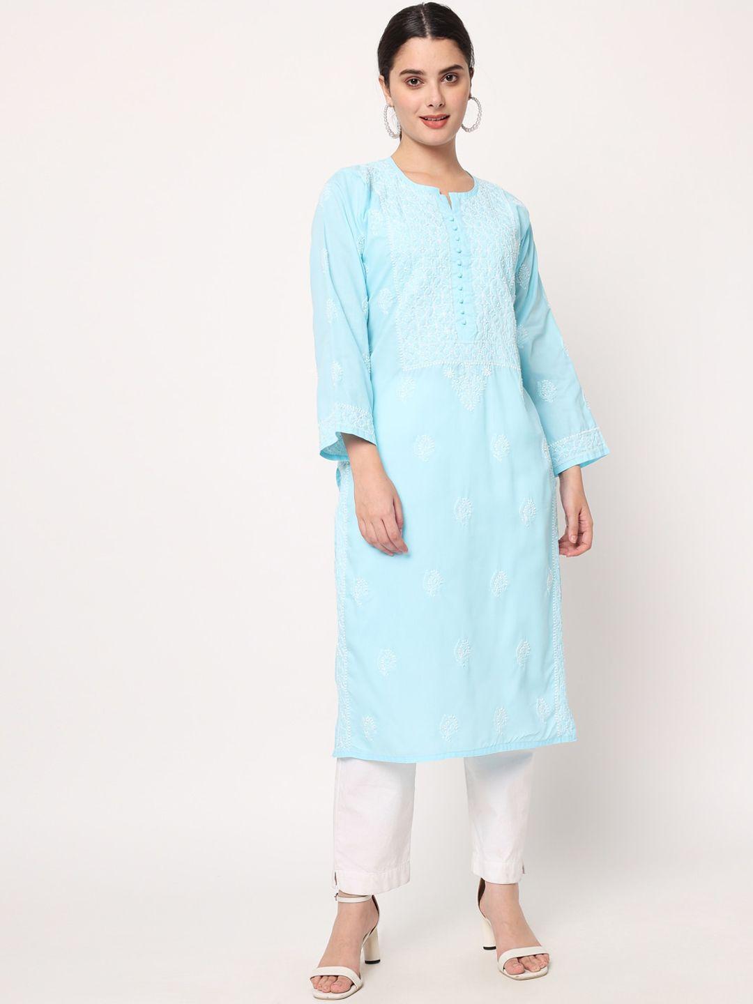 paramount chikan women turquoise blue & white embroidered chikankari cotton straight kurta