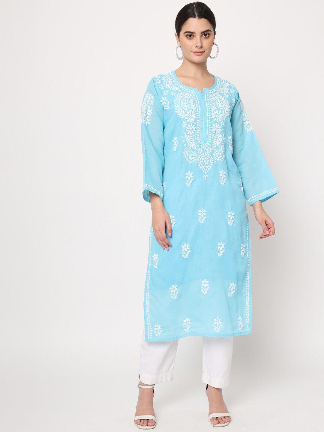 paramount chikan women turquoise blue & white embroidered chikankari kurta