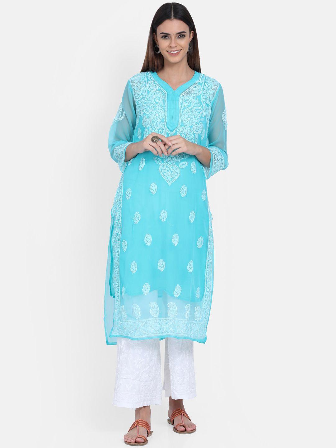 paramount chikan women turquoise blue & white floral embroidered chikankari georgette kurta