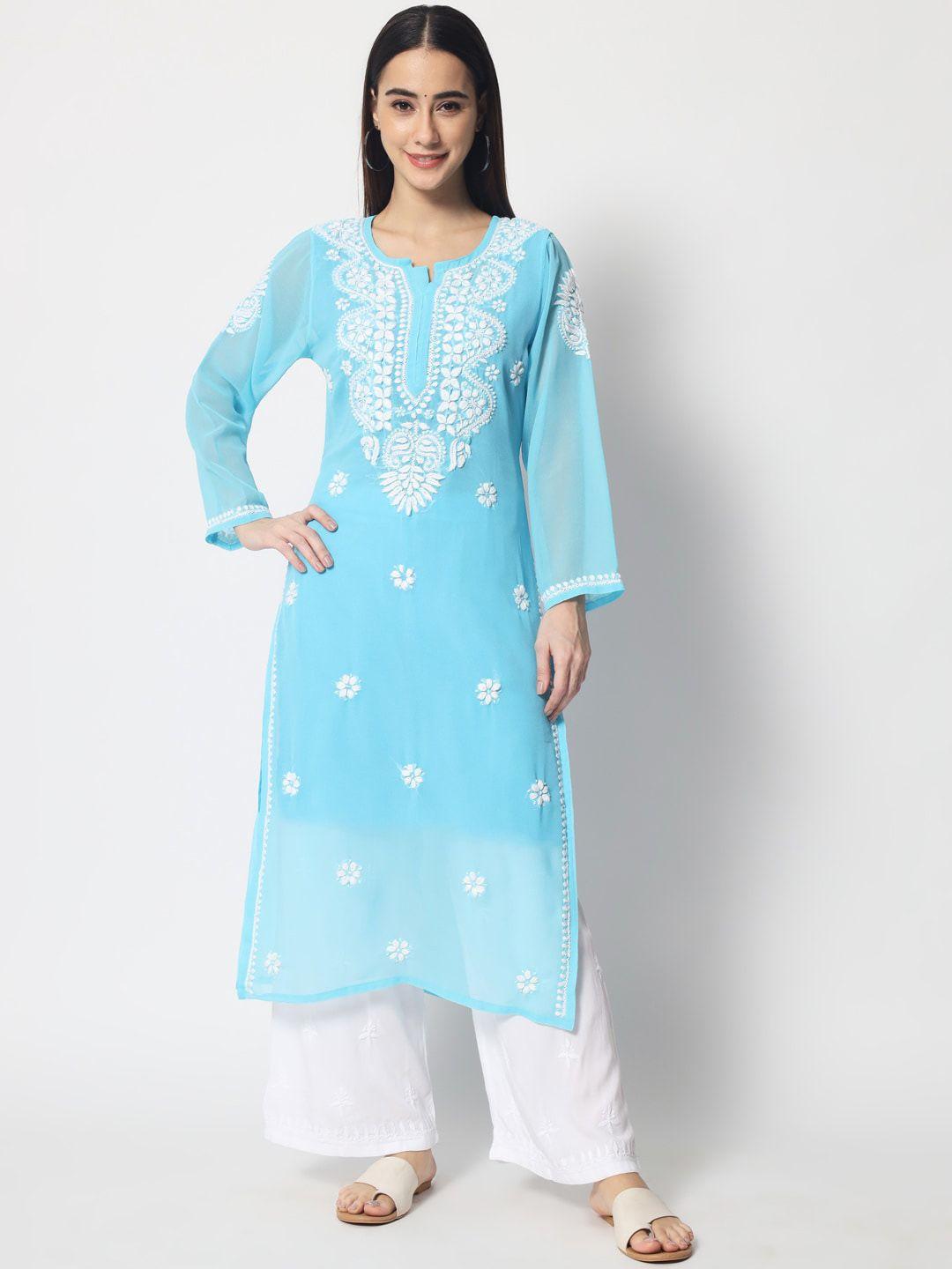 paramount chikan women turquoise blue chikankari embroidered ethnic motifs straight kurta