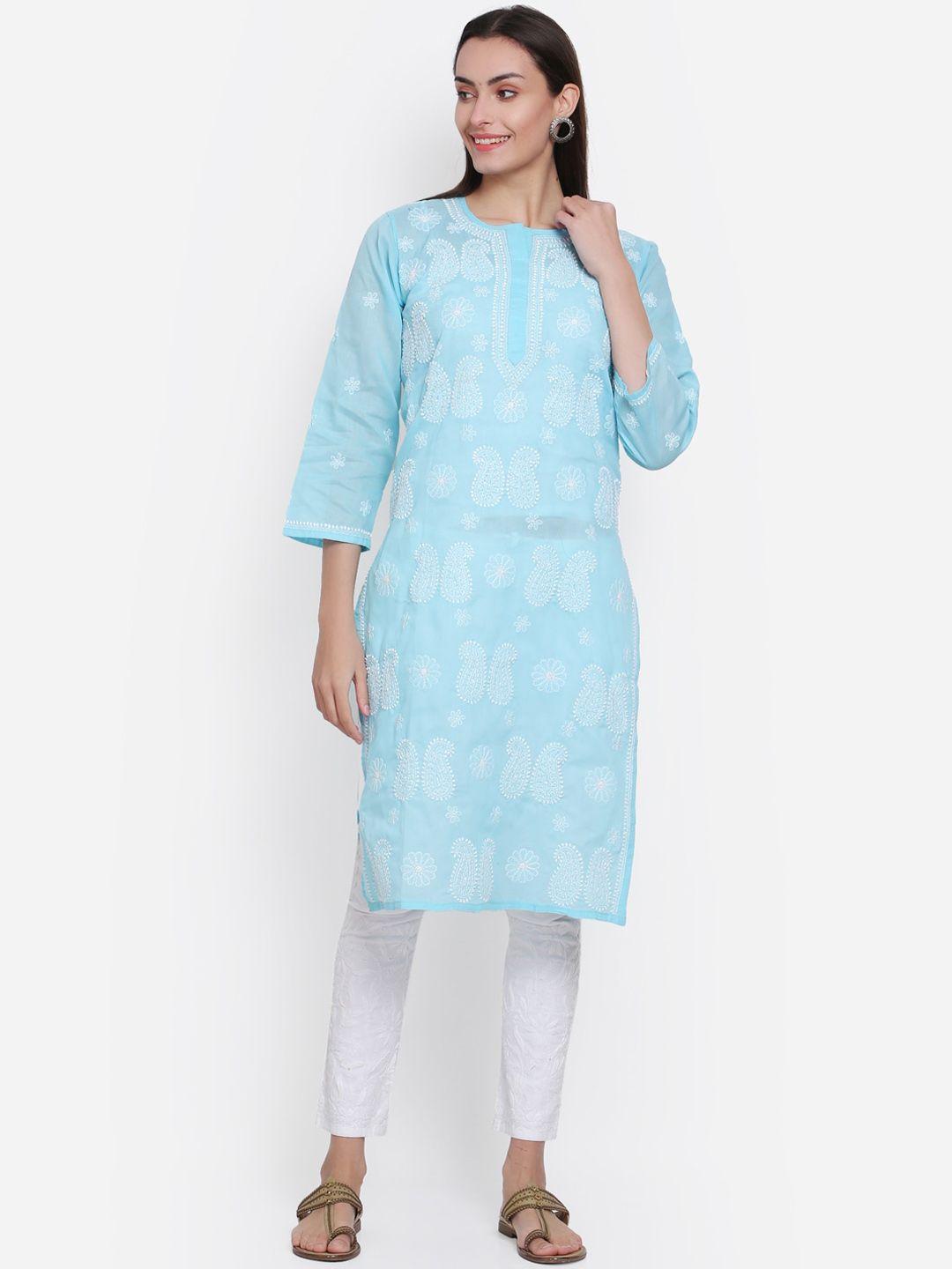 paramount chikan women turquoise blue hand embroidered chikankari cotton kurta