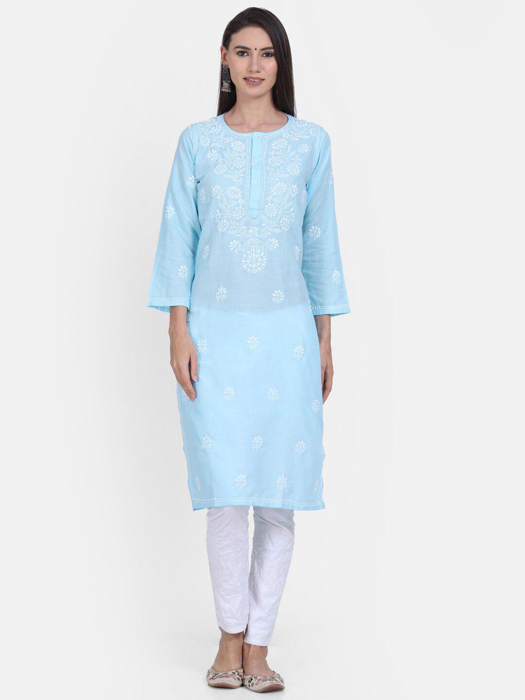 paramount chikan women turquoise blue pastels kurta