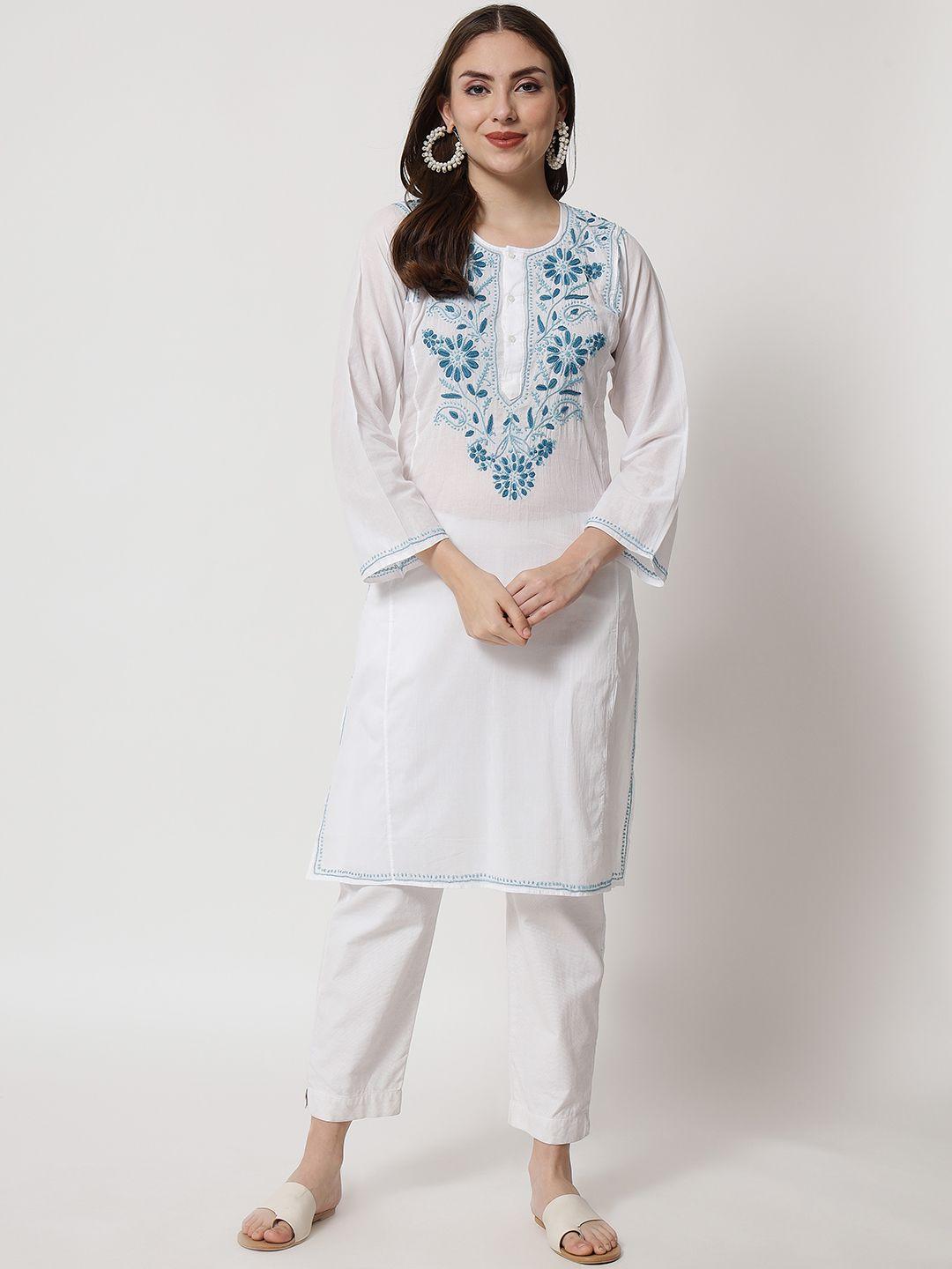 paramount chikan women white & blue chikankari hand embroidered yoke cotton straight kurta