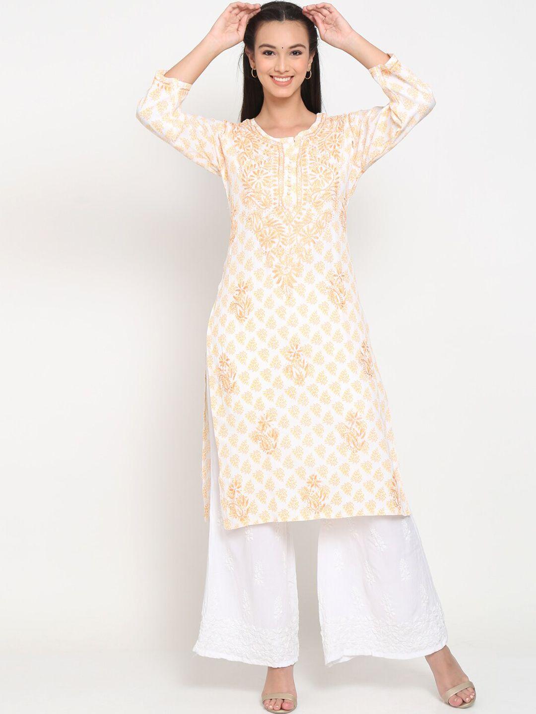 paramount chikan women white & gold-toned ethnic motifs embroidered chikankari floral kurta