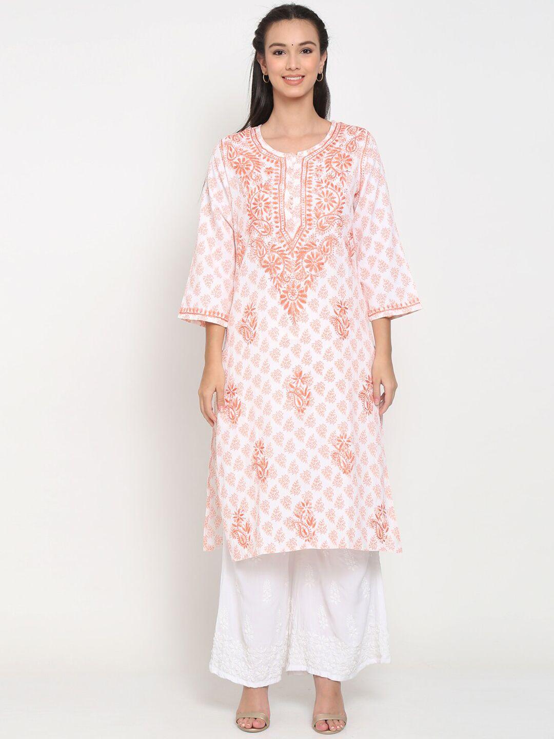 paramount chikan women white & orange ethnic motifs embroidered flared sleeves chikankari floral kurta