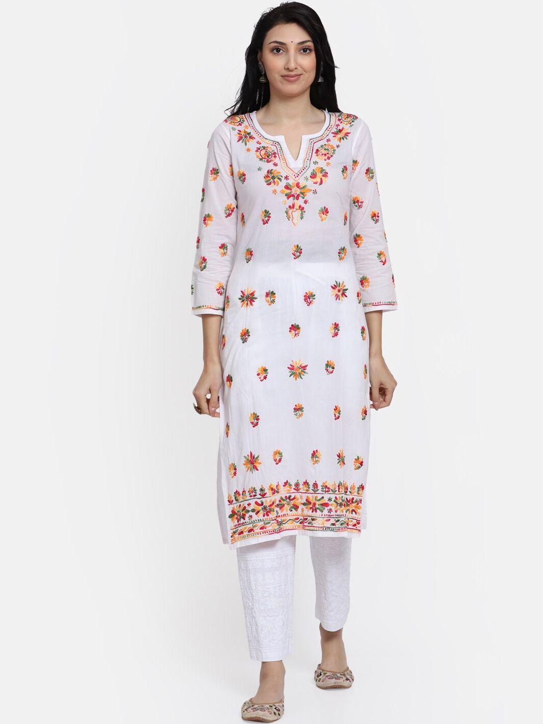 paramount chikan women white & red floral embroidered chikankari sustainable kurta