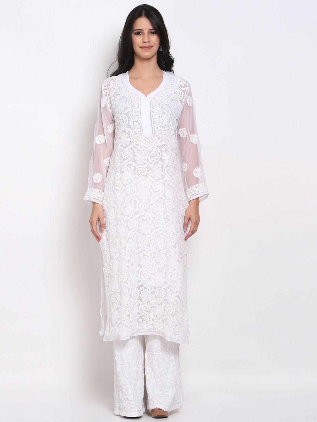 paramount chikan women white ethnic motifs embroidered chikankari white romance georgette kurta