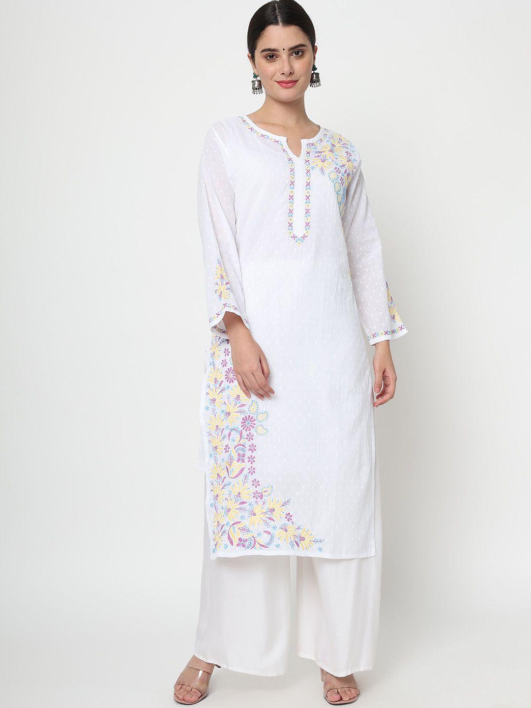 paramount chikan women white floral embroidered chikankari cotton kurta