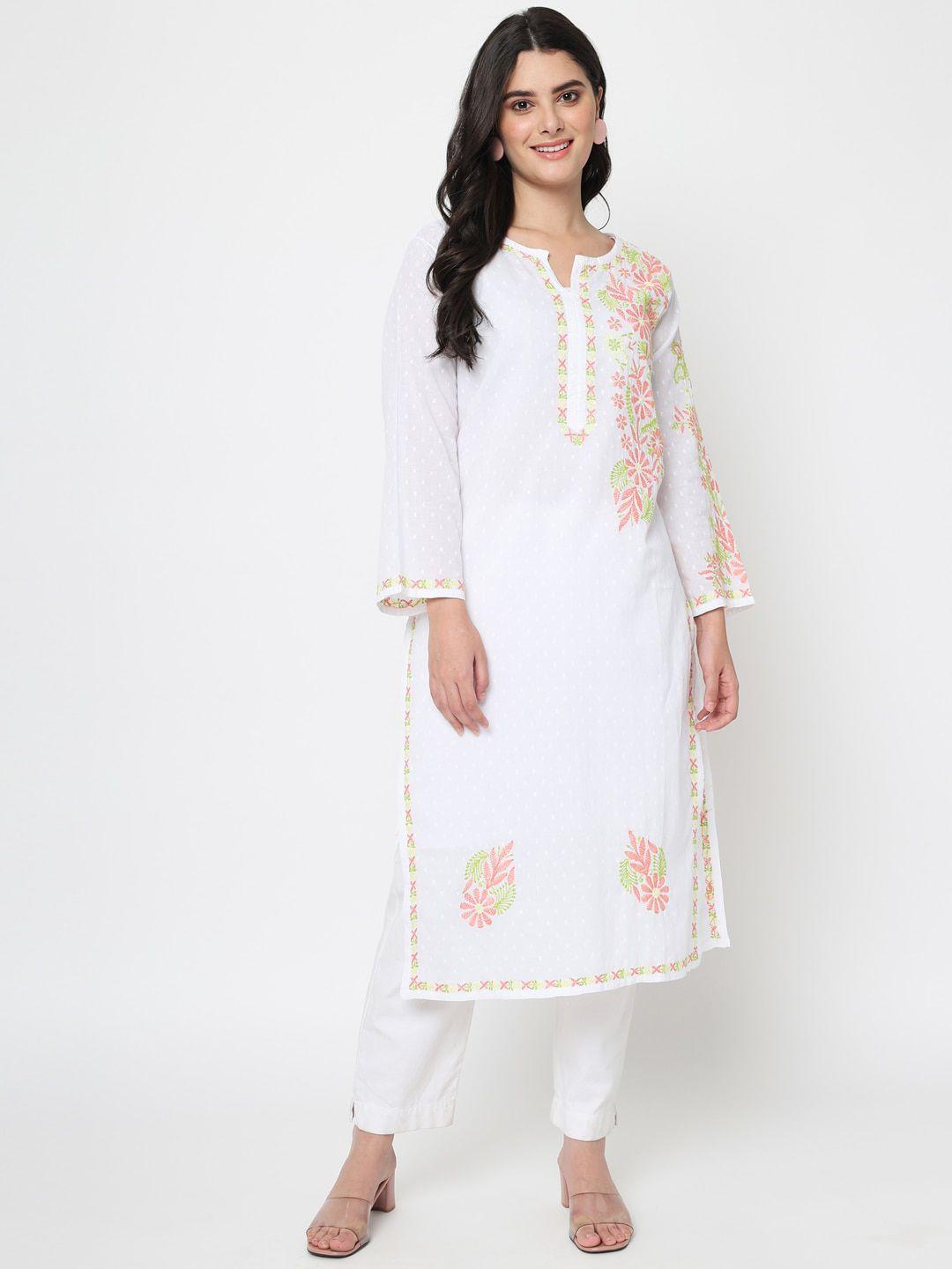 paramount chikan women white floral embroidered chikankari cotton kurta