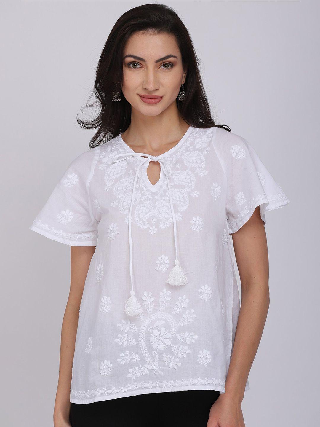 paramount chikan women white hand embroidered chikankari tie-up neck cotton sustainable top