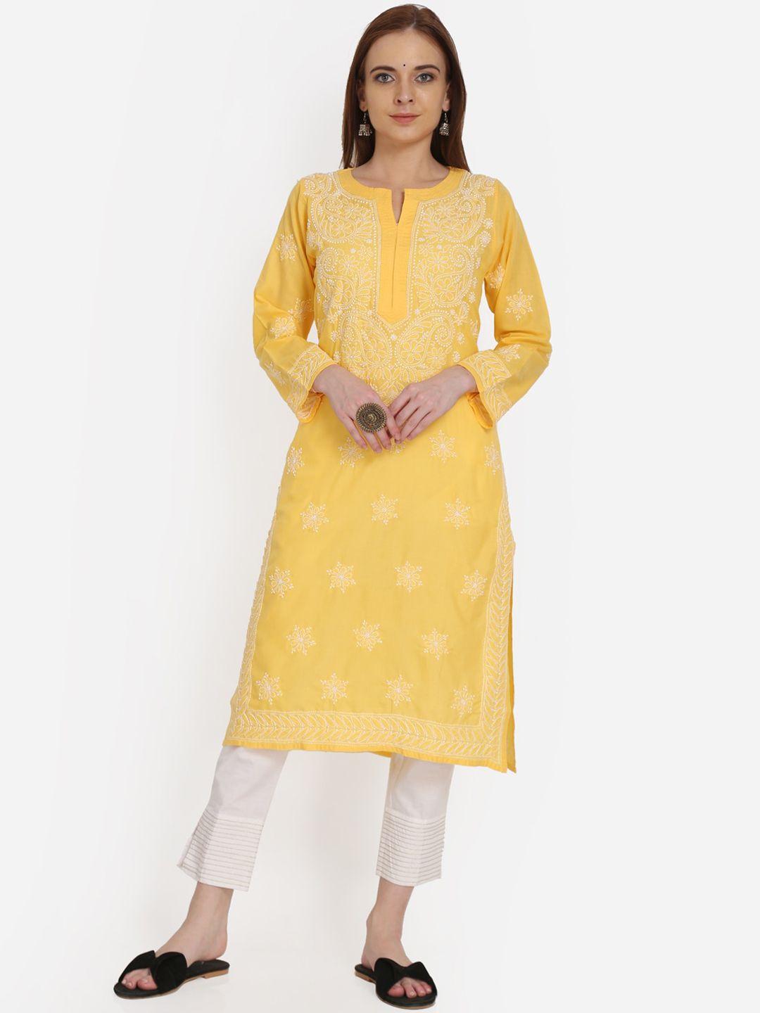 paramount chikan women yellow & white cotton embroidered chikankari straight kurta