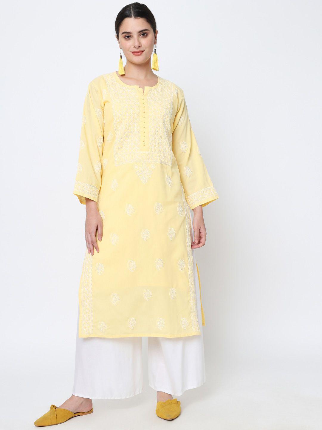 paramount chikan women yellow & white floral embroidered chikankari cotton straight kurta