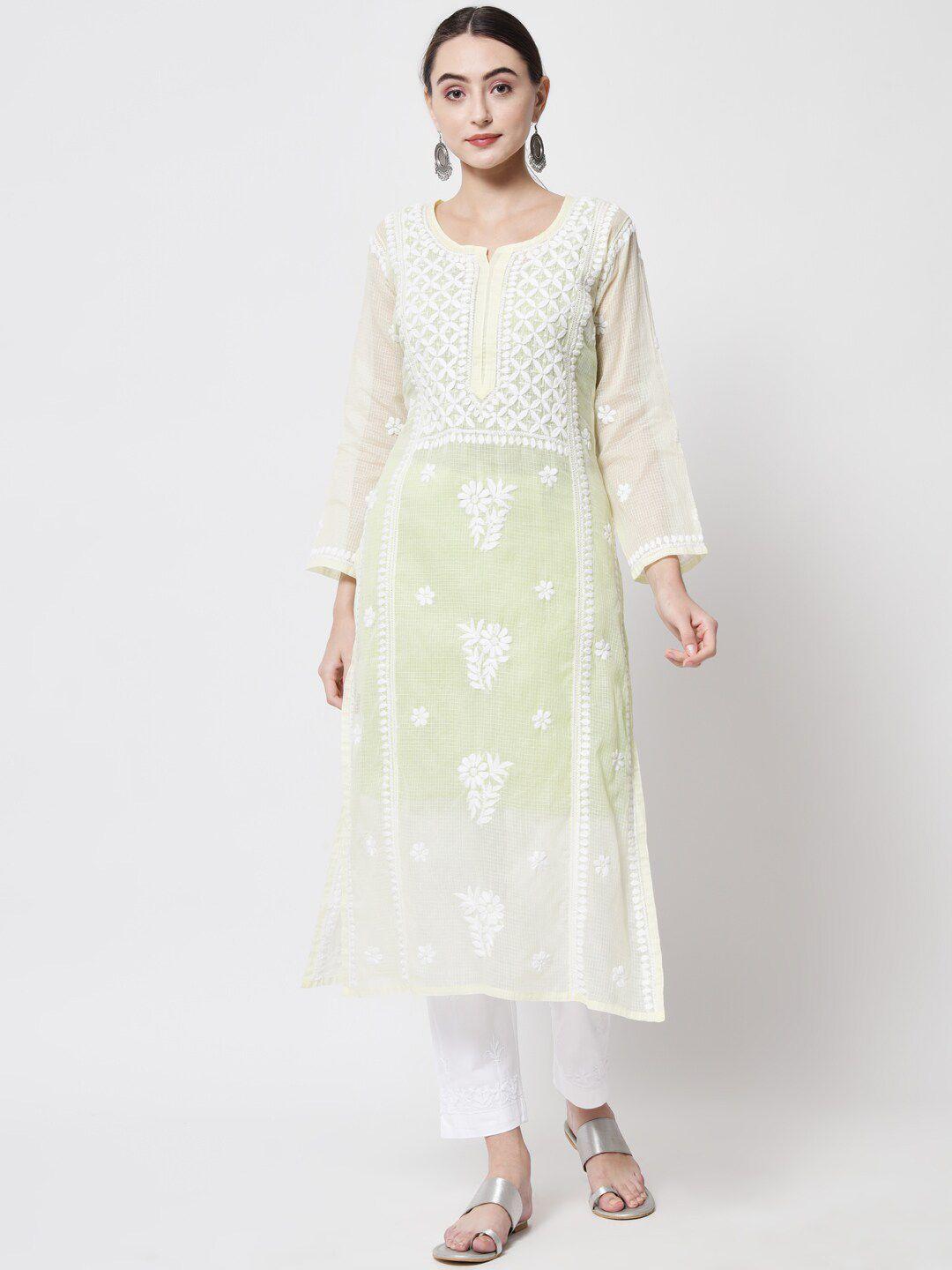 paramount chikan women yellow chikankari embroidered ethnic motifs cotton straight kurta