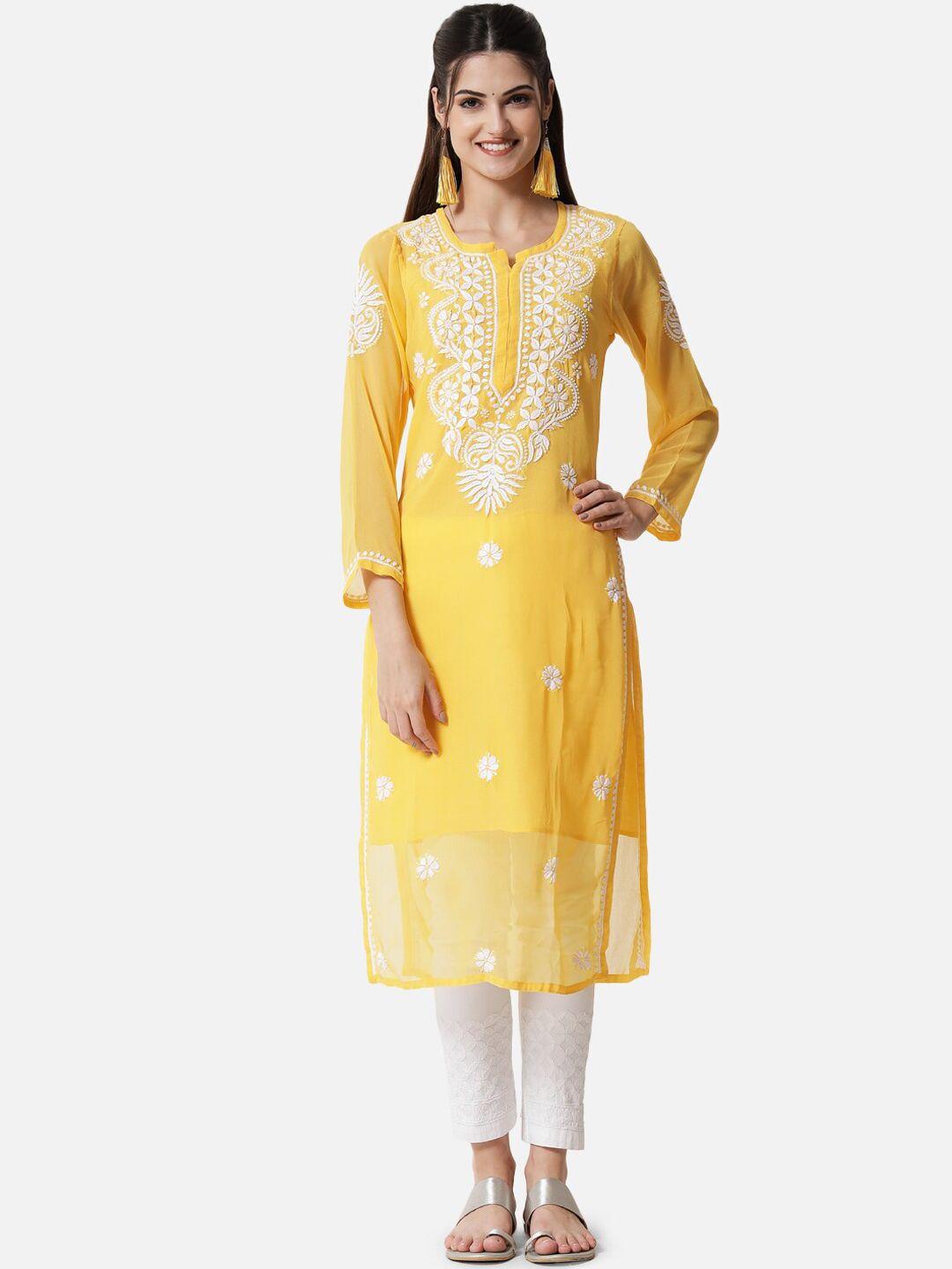 paramount chikan women yellow chikankari round neck georgette kurta