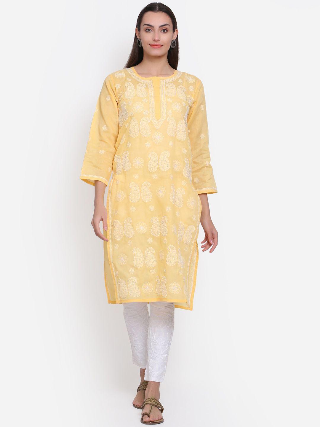 paramount chikan women yellow ethnic motif hand embroidered chikankari cotton kurta