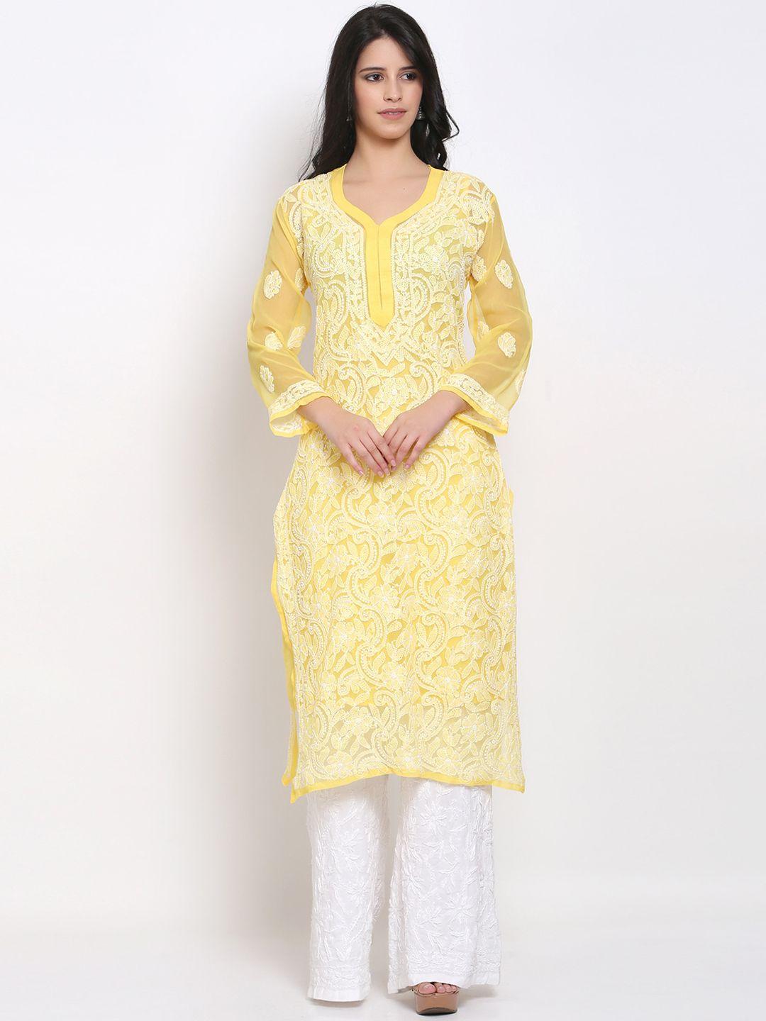 paramount chikan women yellow ethnic motifs embroidered chikankari georgette kurta