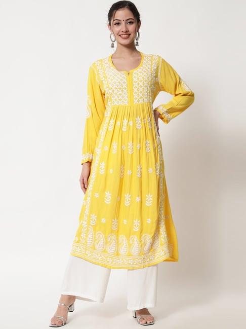 paramount chikan yellow chikankari a line kurta