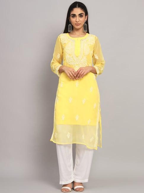 paramount chikan yellow chikankari straight kurta